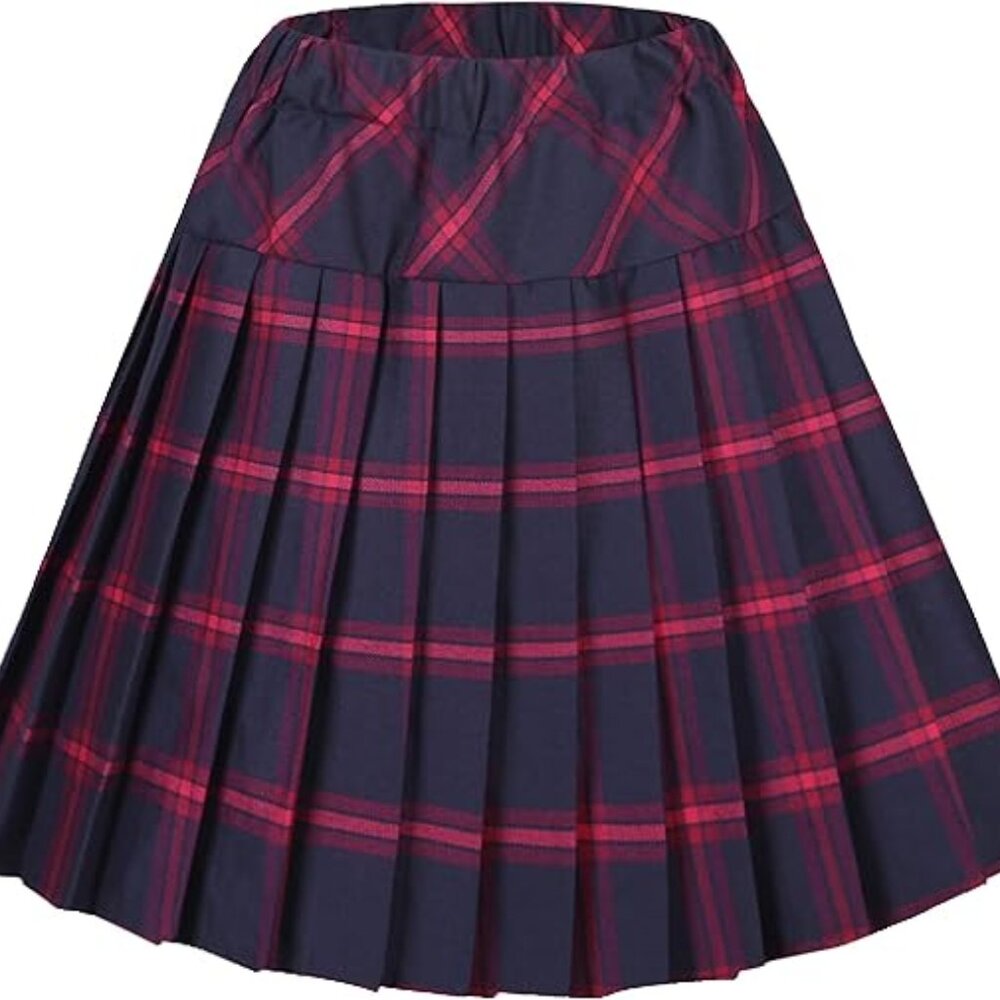Women's High Waist Pleated School Tartan Mini Plaid Skirt - Red